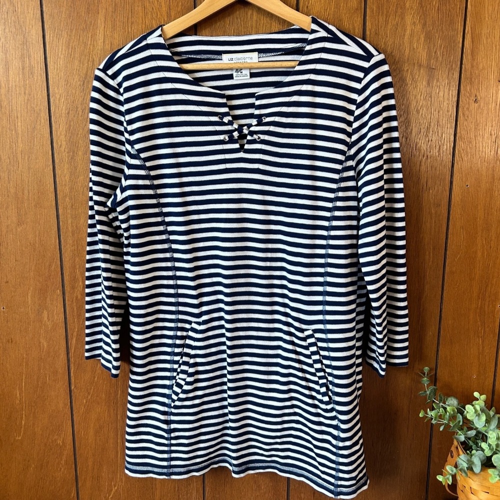 Liz Claiborne Weekend Striped Tunic Top Lace Up Neck Pocket Cotton Womens M